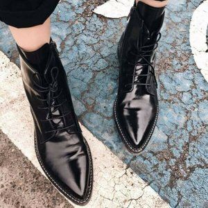 INCH2 Womens Dapper Pointed Toe Lace-Up Boots- BLK